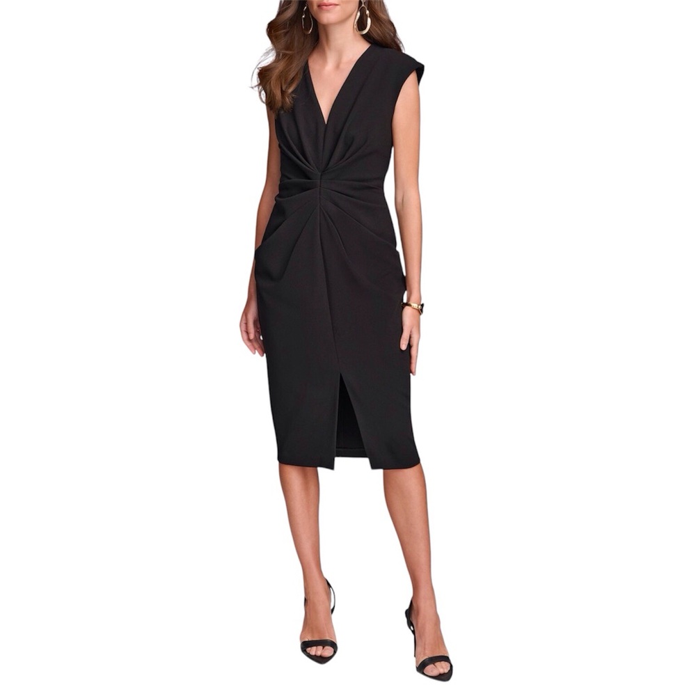 Donna Karan New York Sheath Dress Black Crepe Pleated Cap Sleeve Size 2